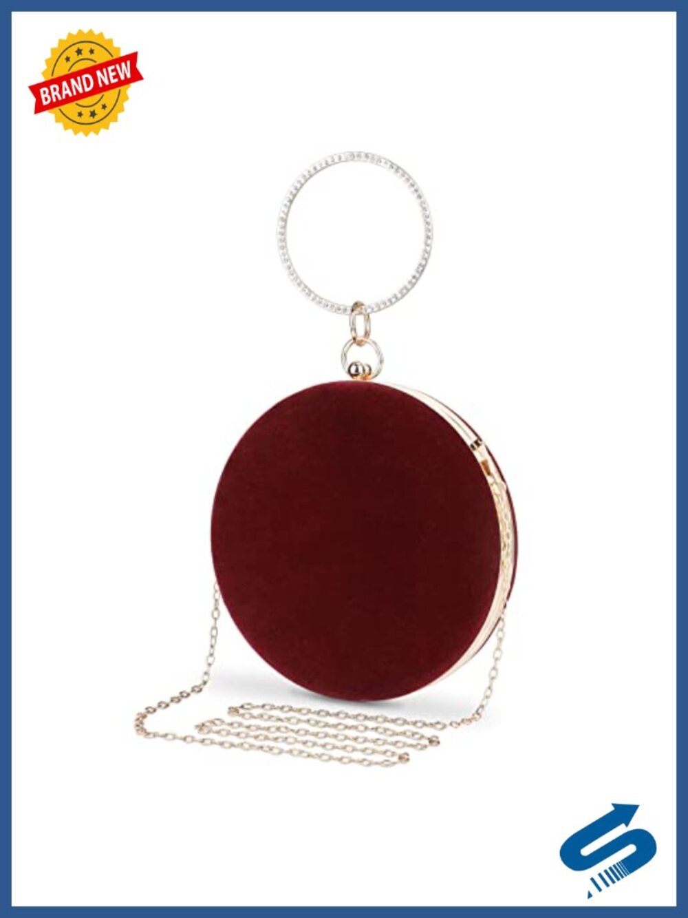 Velvet Round Clutch Evening Bag with Rhinestone Handle & Gold Chain